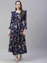 Women Navy Blue & Pink Floral Printed Bell Sleeves Floral Anarkali Kurta ( JOK 1405 Blue )