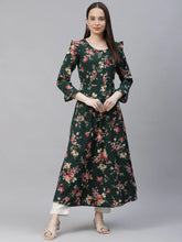 Women Green & Pink Floral Printed Bell Sleeves Floral Anarkali Kurta ( JOK 1405 Green )