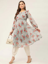 Women Grey Georgette Flared Printed kurta ( JOK 1421 Grey )