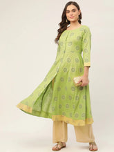 Women Green Cotton Blend Flared Printed kurta ( JOK 1425 Green )