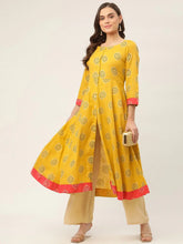 Women Yellow and Red Cotton Blend Flared Printed kurta ( JOK 1425 Yellow )