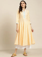Women Yellow & White Ethnic Motifs Printed Lace Detail Anarkali Kurta ( JOK 1436 Yellow )
