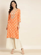 Floral Printed Embroidered Detail Kurta ( JOK 1463 Orange )