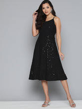 DesiQlo Black Floral Sequin Embroidered A-Line Midi Dress ( JOK 1494 Black )