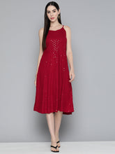 DesiQlo Maroon Floral Sequin Embroidered A-Line Midi Dress ( JOK 1494 Maroon )