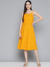 DesiQlo Mustard Floral Sequin Embroidered A-Line Midi Dress ( JOK 1494 Mustard )