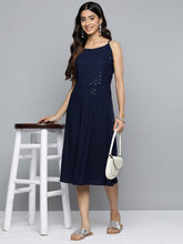 DesiQlo Navy Floral Sequin Embroidered A-Line Midi Dress ( JOK 1494 Navy )
