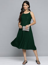DesiQlo Olive Floral Sequin Embroidered A-Line Midi Dress ( JOK 1494 Olive )