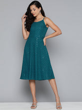 DesiQlo Blue Floral Sequin Embroidered A-Line Midi Dress ( JOK 1494 Peacock )