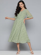DesiQlo Floral Georgette A-Line Midi Dress ( JOK 1500 Green )