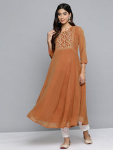 DesiQlo Floral Embroidered Thread Work Floral Georgette Anarkali Kurta ( JOK 1510 Orange )