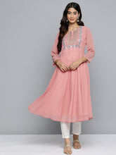 DesiQlo Geometric Embroidered Mirror Work Georgette Anarkali Kurta ( JOK 1511 Coral )