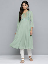 DesiQlo Geometric Embroidered Mirror Work Georgette Anarkali Kurta ( JOK 1511 Green )