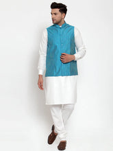 Men's Lit White Solid Kurta with Pyjamas & Blue Nehru Jacket