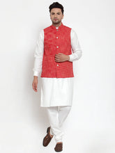 Men's White Solid Kurta with Pyjamas & Red Nehru Jacket