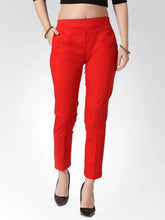 Women Red Smart Slim Fit Solid Regular Trousers