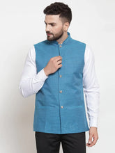 Men Turquoise Blue Woven Design Nehru Jacket ( JOWC 4001 Green)-JOWC-4001