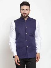 Men Navy-Blue Woven Design Nehru Jacket ( JOWC 4001 Navy)-JOWC-4001
