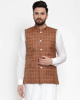 Men Brown Checked Nehru Jacket ( JOWC 4003 Brown)-JOWC-4003