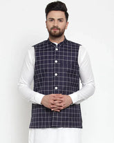 Men Navy-Blue Checked Nehru Jacket ( JOWC 4003 Navy)-JOWC-4003