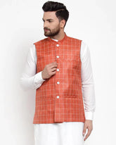 Men Peach Checked Nehru Jacket ( JOWC 4003 Peach)-JOWC-4003