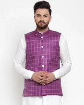 Men Purple Checked Nehru Jacket ( JOWC 4003 Purple)-JOWC-4003