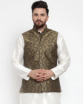 Men Gold-Coloured & Black Woven Design Nehru Jacket ( JOWC 4004 Golden)-JOWC-4004