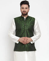 Men Green-Coloured & Black Woven Design Nehru Jacket ( JOWC 4004 Mehndi)-JOWC-4004
