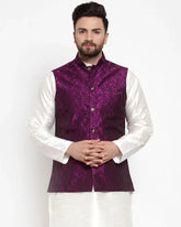 Men Purple-Coloured & Black Woven Design Nehru Jacket ( JOWC 4004 Purple)-JOWC-4004