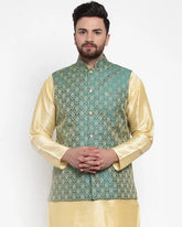 Men Green-Coloured & Golden Woven Design Nehru Jacket ( JOWC 4005 Green)-JOWC-4005