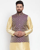 Men Purple-Coloured & Golden Woven Design Nehru Jacket ( JOWC 4005 Purple)-JOWC-4005