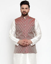 Men Maroon Woven Design Nehru Jacket ( JOWC 4006 Maroon)-JOWC-4006