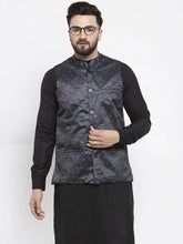 Men Charcoal Grey Printed Satin Nehru Jacket ( JOWC 4007 Charcoal)-JOWC-4007