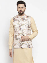Men Cream Printed Satin Nehru Jacket ( JOWC 4007 Cream )-JOWC-4007