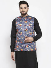 Men Grey Printed Satin Nehru Jacket ( JOWC 4007 Grey)-JOWC-4007