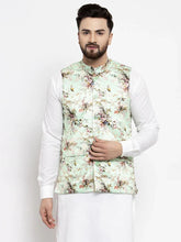 Men Lime-Green Printed Satin Nehru Jacket ( JOWC 4007 Lime)-JOWC-4007