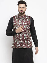 Men Maroon Printed Satin Nehru Jacket ( JOWC 4007 Maroon)-JOWC-4007