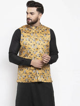 Men Mustard Printed Satin Nehru Jacket ( JOWC 4007 Mustard)-JOWC-4007