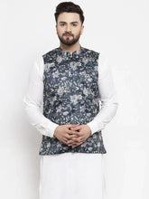 Men Navy-Blue Printed Satin Nehru Jacket ( JOWC 4007 Navy)-JOWC-4007