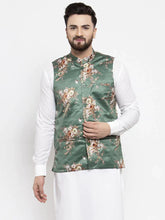 Men Green & Brown Printed Satin Nehru Jacket ( JOWC 4007 Green)-JOWC-4007