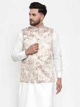 Men Beige Printed Satin Nehru Jacket ( JOWC 4008 Beige)-JOWC-4008