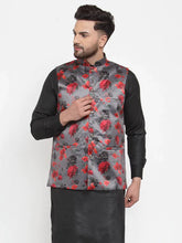 Men Grey Printed Satin Nehru Jacket ( JOWC 4008 Grey)-JOWC-4008