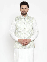 Men Lime-Green Printed Satin Nehru Jacket ( JOWC 4008 Lime)-JOWC-4008