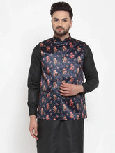 Men Navy-Blue Printed Satin Nehru Jacket ( JOWC 4008 Navy)-JOWC-4008