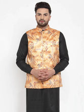 Men Orange Printed Satin Nehru Jacket ( JOWC 4008 Orange)-JOWC-4008
