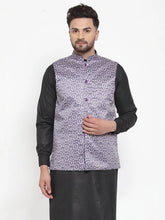 Men Purple Printed Satin Nehru Jacket ( JOWC 4008 Purple)-JOWC-4008