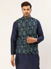 Men's Blue Woven Design Nehru Jacket( JOWC 4037 Blue )
