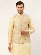 Men Cream & Gold Embroidered Woven Nehru Jacket( JOWC 4038 Cream )