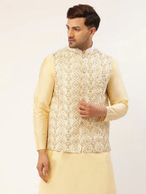 Men White & Gold Embroidered Woven Nehru Jacket( JOWC 4038 White )