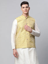 Men's Lemon Printed textured Nehru Jacket( JOWC 4039 Lemon )